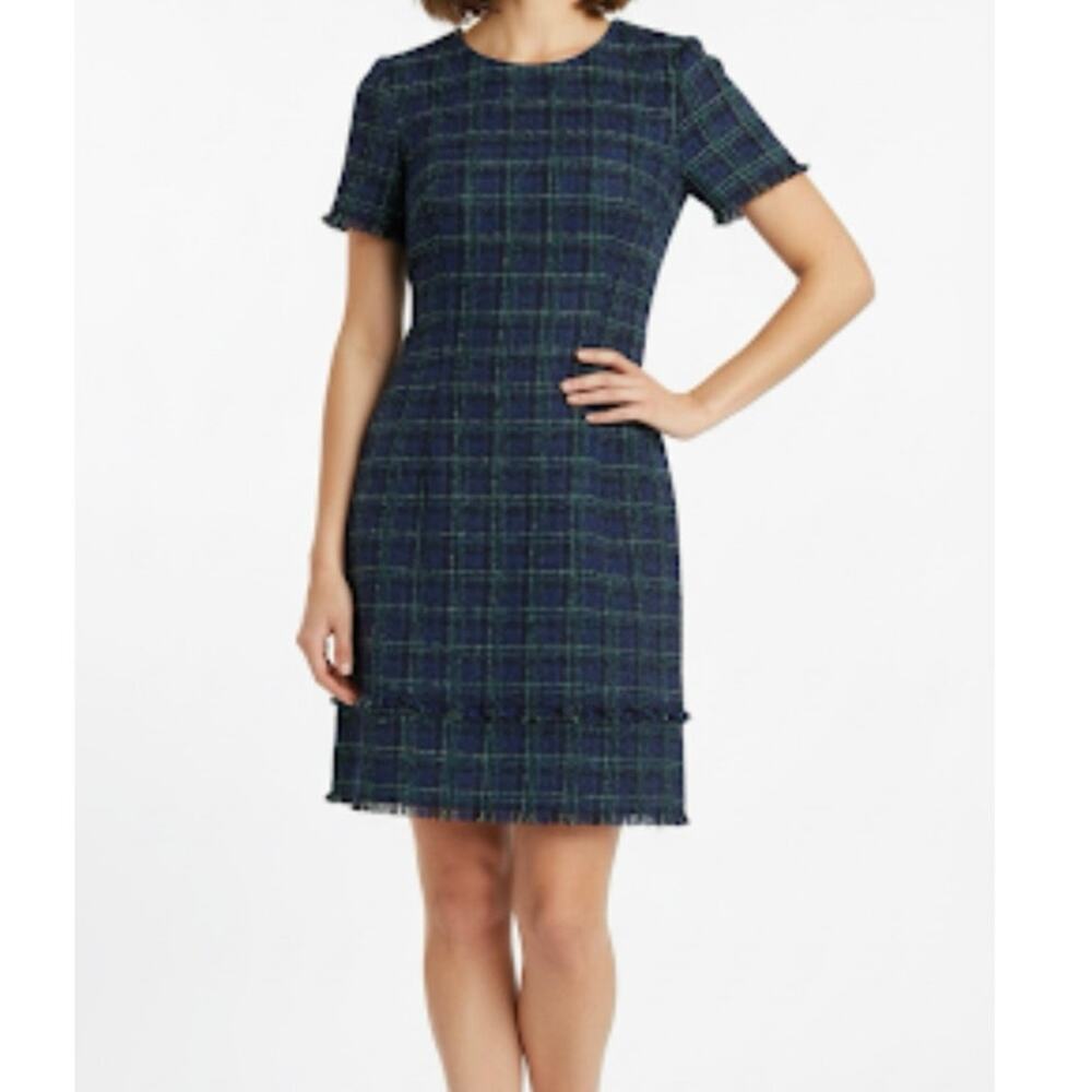 Sail to Sable Tweed Short Sleeve Shift Dress Tiered Hem Navy Blue/Green Size 6